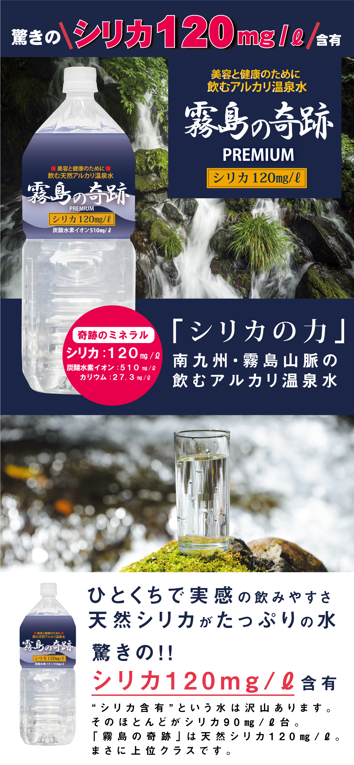 送料無料】 シリカ水 ミネラルウォーター 温泉水 飲む 霧島の奇跡 500ml × 12本 1箱+2L 6本 1箱